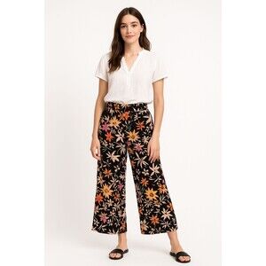 Tahari Womens Wide Leg Pants Size M Black Linen Floral Boho Casual Lq